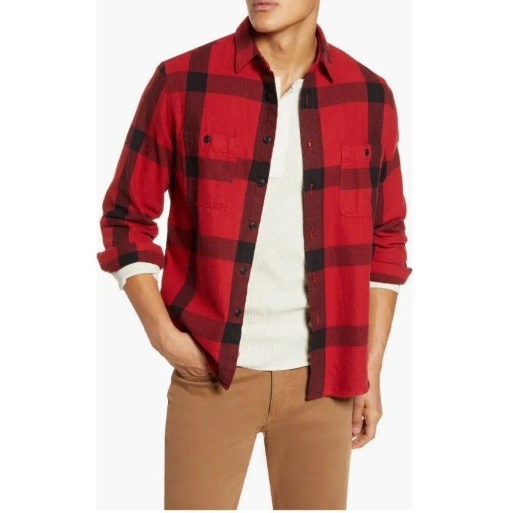 XL Madewell Heavyweight Twill Work Shirt Red Windowpane Plaid Men’s Long Sleeve